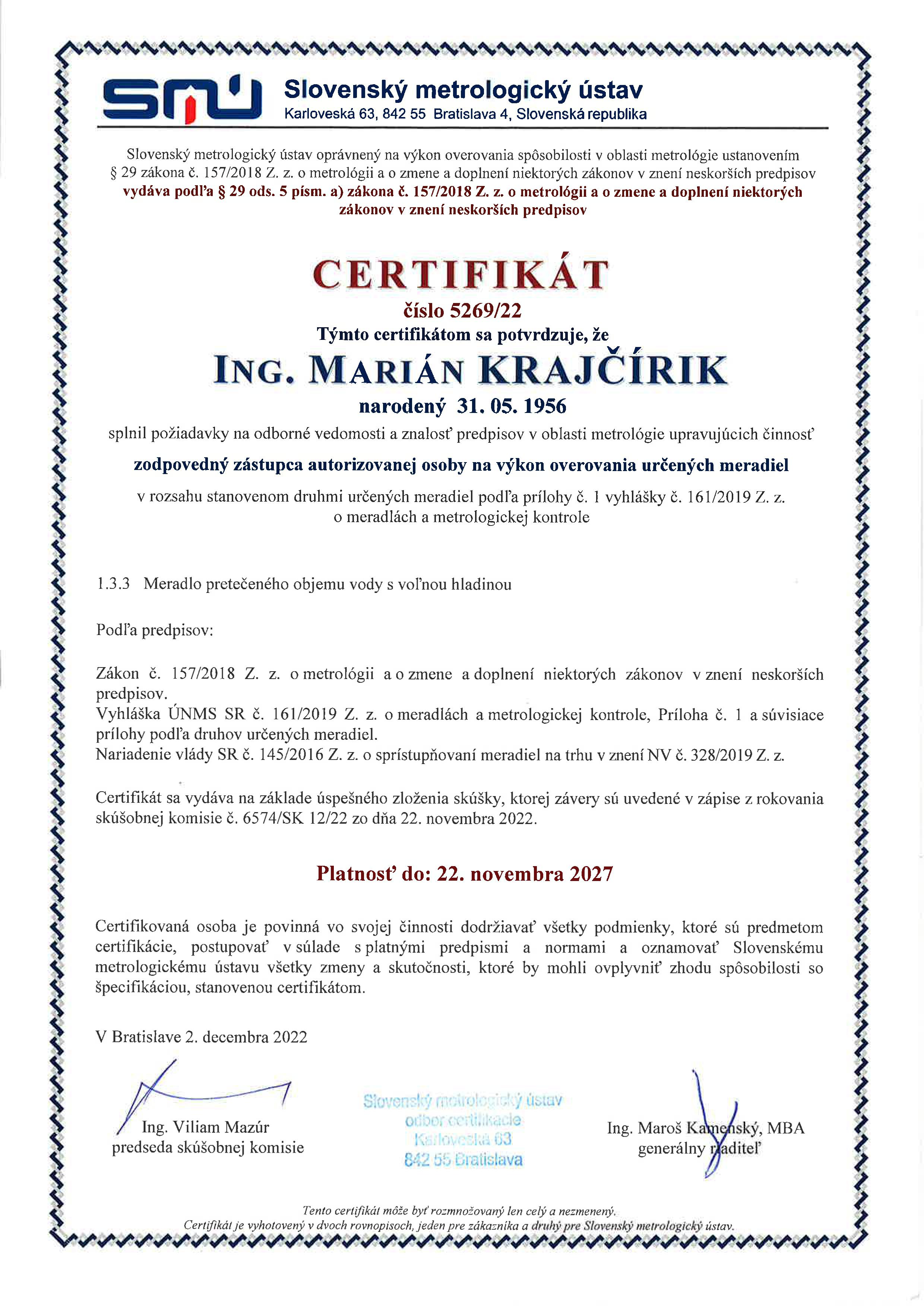 Certifikát Ing. Marián Krajčírik