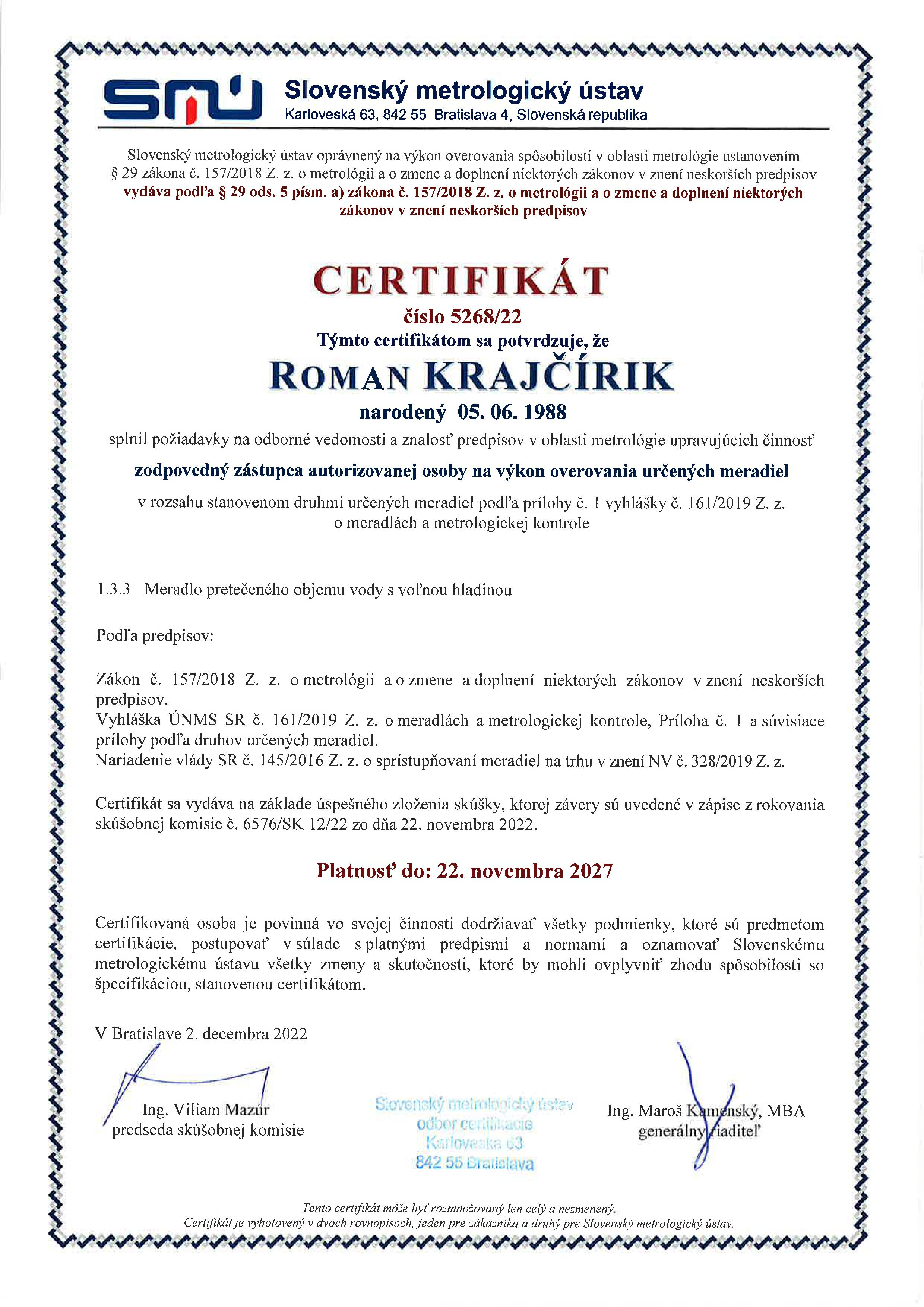 Certifikát Roman Krajčírik